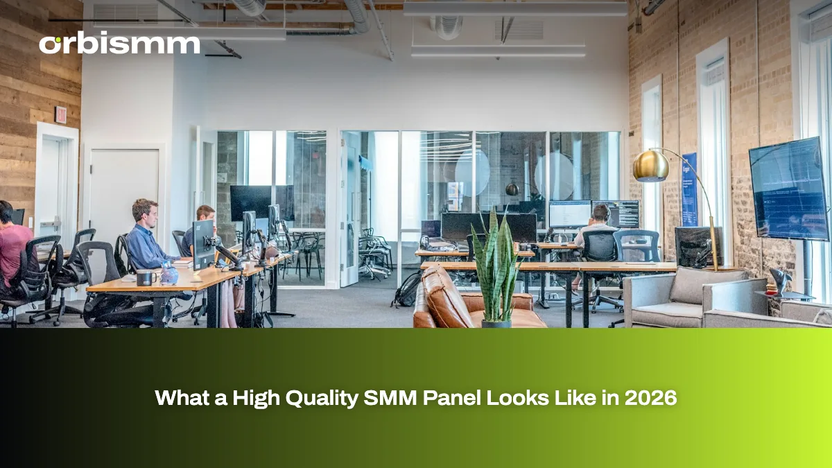 A clean, modern office where a small team works at desks with large monitors.